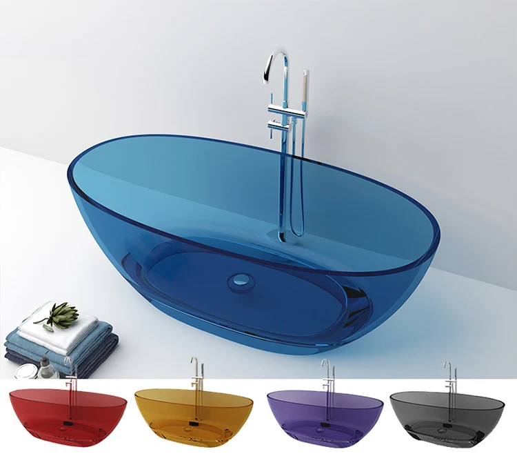 Orea Modern Colored Resin Stone Cast  Clear Acrylic Bath Tub  Transparent Pink Overflow Freestanding Bathtub for Sale
