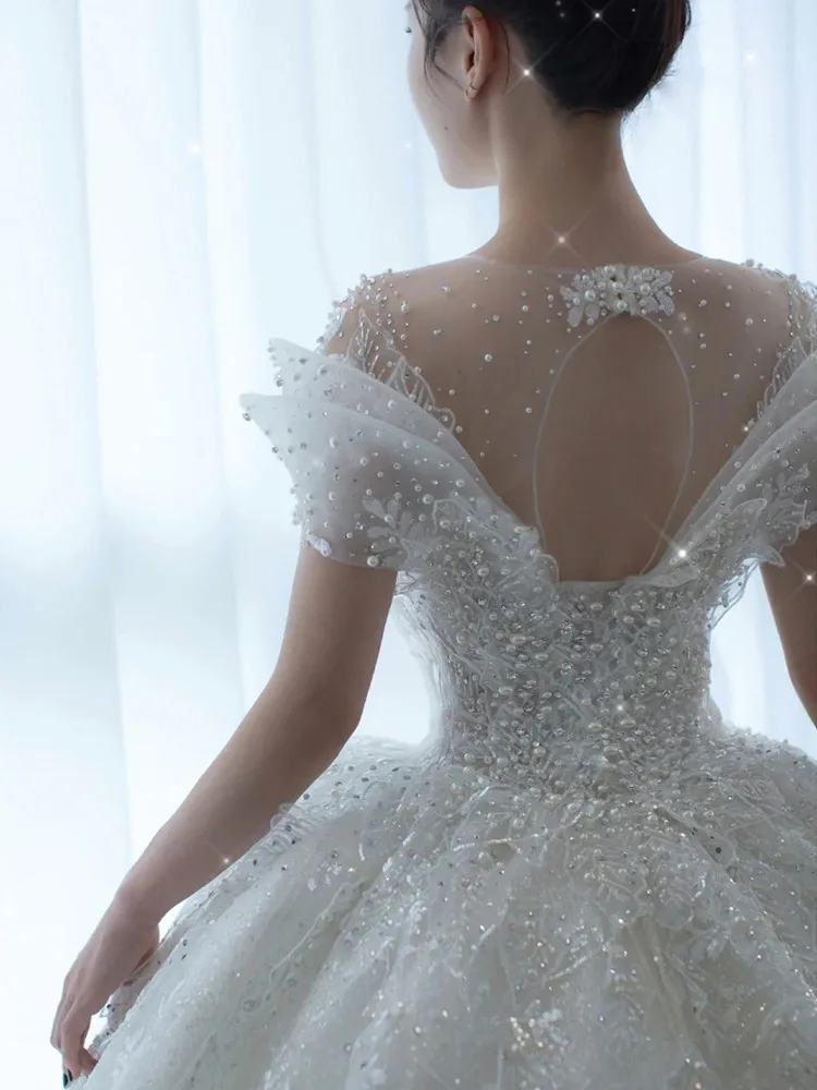2023 Shiny Princess Wedding Dresses With Pearl Crystal Bling Lace Short  Sleeve Plus Size Elegant Garden Country Wedding Gowns
