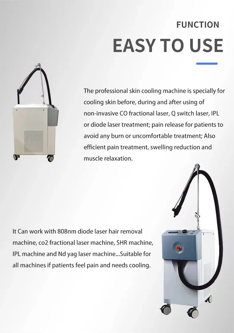 Discover the professional cryo air skin cooling machine designed for laser hair removal, tattoo removal, and aesthetic treatments. −30°C cooling technology improves patient comfort and protects skin during procedures. Professional Cryo Air Skin Cooling Machine for Laser & Aesthetic Treatments