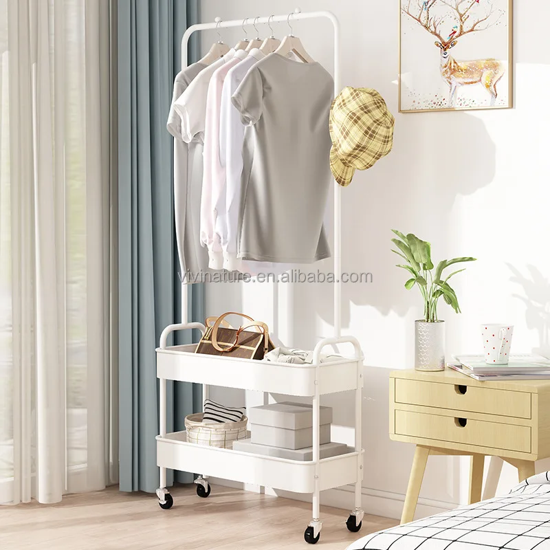 Garment Cloth Rolling Storage Metal Cart Clothes Organizer Coat Rack Storage Stand on Wheels