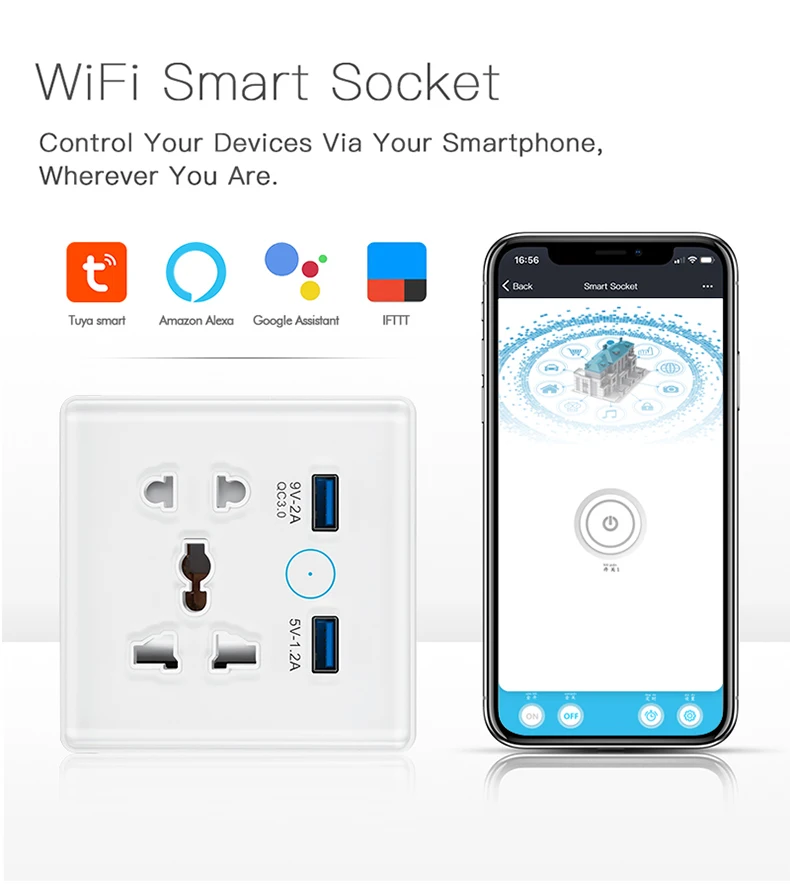 Tuya Smart Home 13A Socket Wifi Multi-function Universal Socket with USB Interface Smart Wall Socket 86