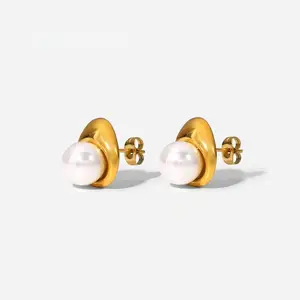 New Arrival Elegant Stainless Steel Gold Plated Stud Earrings for Women Minimalist Trendy Pearl Tarnish-Free