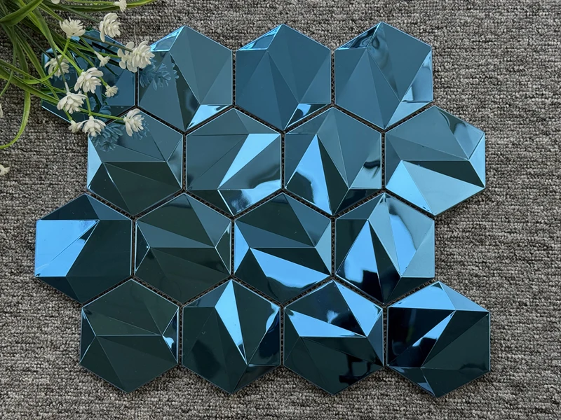 Hexagonal Metal Mosaic 3D Stereo Beveled Glass Tile for KTV Interior Background Wall Decoration Graphic Design Capability