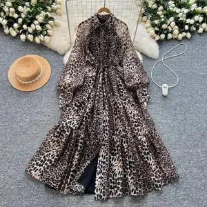 Autumn Slim Casual Midi Dress for Women American Style Tunic with Leopard Mesh Empire Logo Front Woven Maxi Length Black White