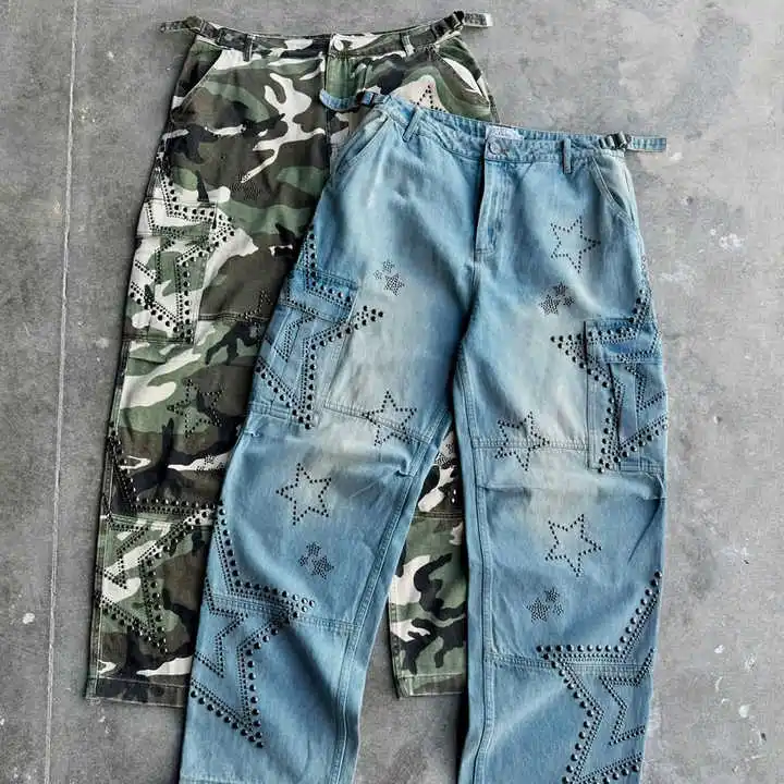 Salati Manufacturer Designer Camouflage Cargo Pants Streetwear Work Tactical Baggy Trousers Rhinestone logo Cargo Camo Pants Men gallery 2
