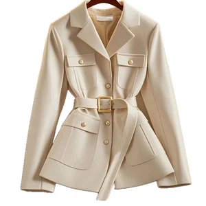 Customize New Waist-Sized Women's Casual Multi-Pocket Belted Single Button Solid Woven Top Jacket Blazer for