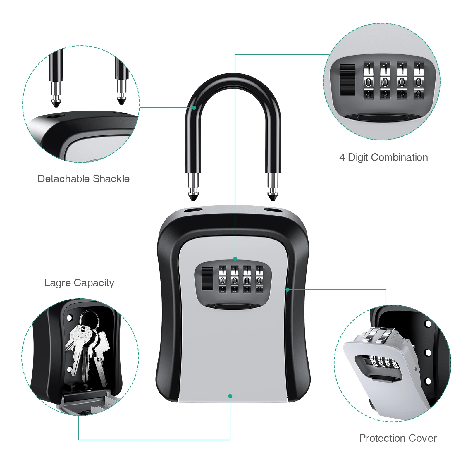 Key Lock Box Wall Mounted Key Safe Box Weatherproof 4 Digit Combination