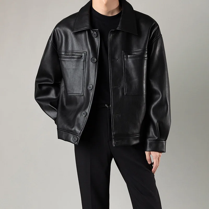 Vinage Men's PU Leaher Jacke Loose Shor Syle wih Crocheed Weave for Spring and Auumn Casual Lapel Moorcycle_voghion.com