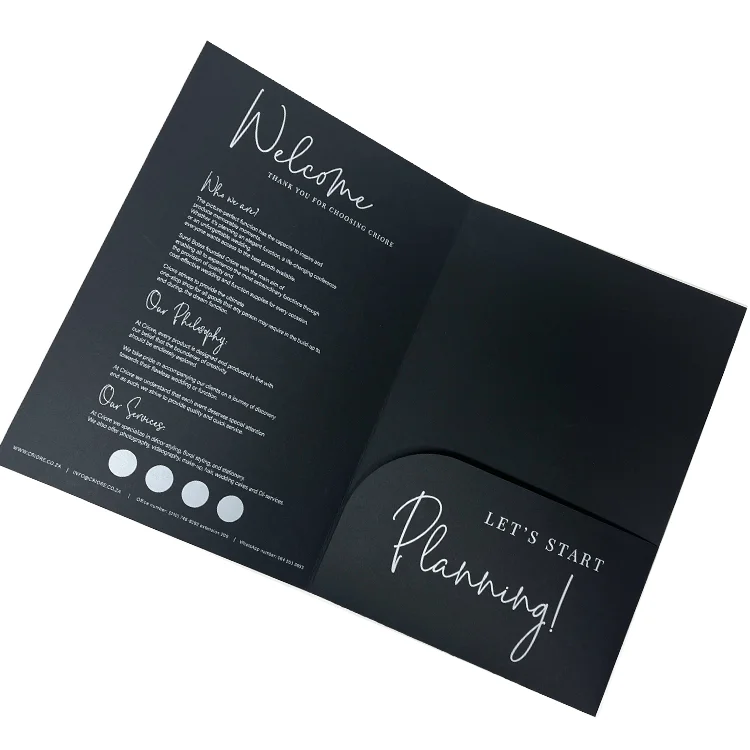 Custom Printed Design Black Matt Office Document Presentation Pocket Folder Paper File Cardboard Foil Logo Spot UV Manila Folder