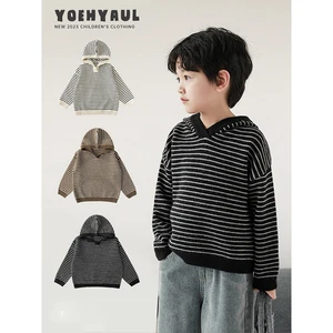 Autumn Winter Boys' Casual Loose Striped Hooded Pullover Sweater Winter Children's New Ribbed Edge Sweater