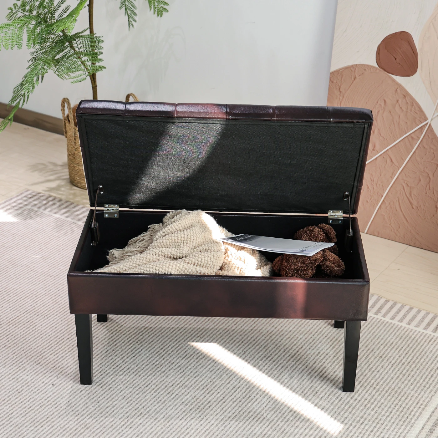 Custom Home PVC Fashion Stool Large Tufted Brown Leather Ottoman Coffee Table Hinge Storage Bench for Living Room