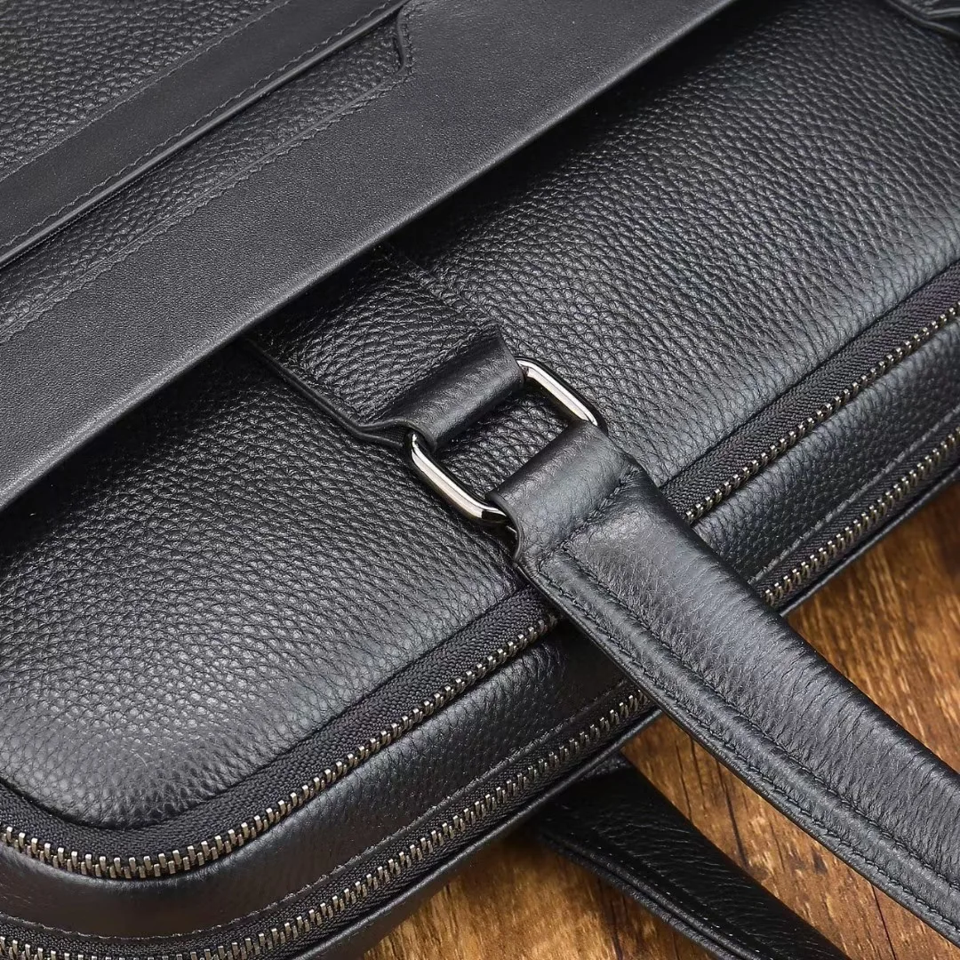 Hot Selling Real Black Pebble Leather Computer Laptop Bag Briefcases Genuine Leather Brief Case Business Bag Briefcase