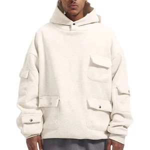 Fashion Men's French Terry Multi Patch Pocket Cargo Pullover Hoodie