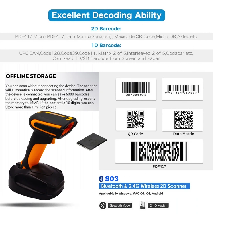 S03 POS Solution 1D 2D Mobile Scanner Wireless 2.4g USB Area-Imagering Handheld Barcode Scanner For Warehouse Inventory