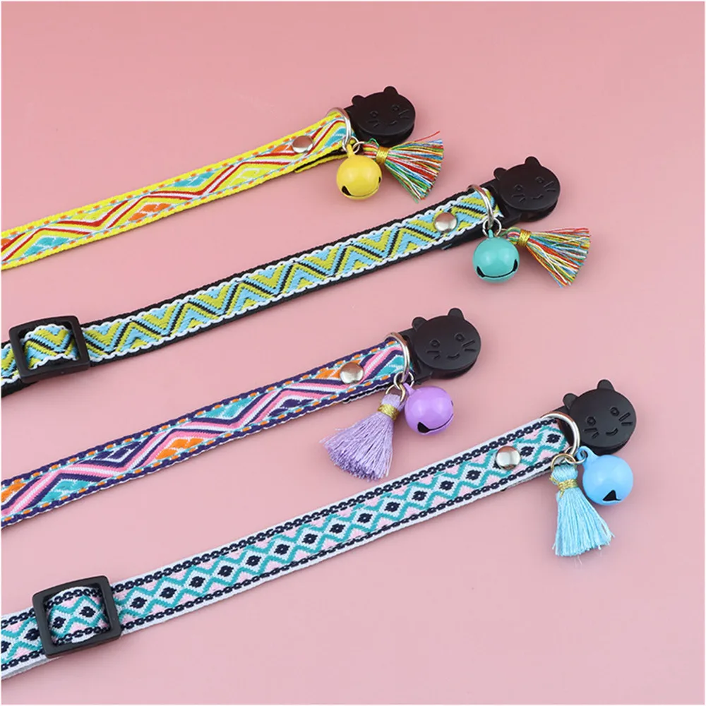 Breakaway Cat Collar with Bell and Bow Tie Tribal Pattern Geometric Adjustable Safety Kitty Kitten Collars Tassel Pet Supplies