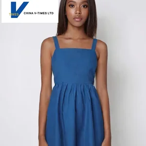 Summer Casual Long Dress in Klein Blue Sapphire 100% Cotton Thin Strap Natural Waistline Brightening Plain Dyed