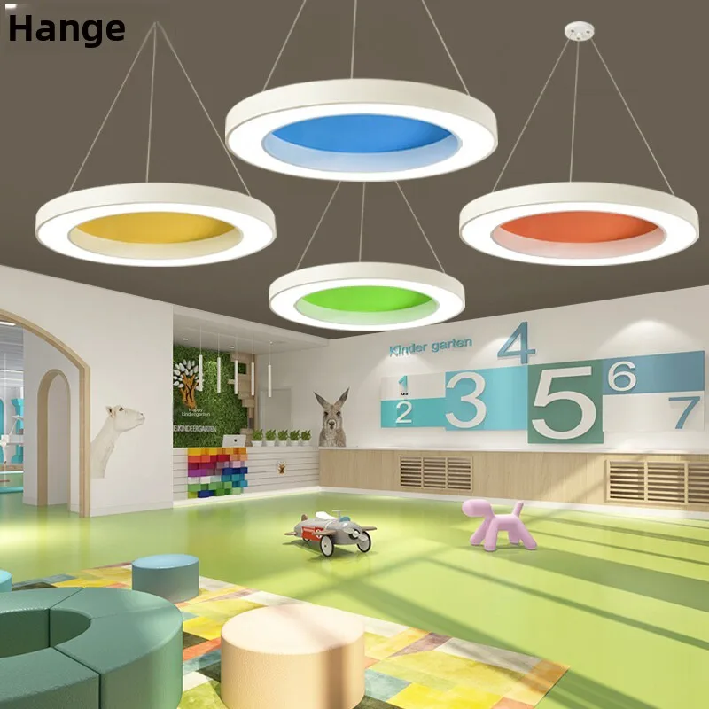 Simple Modern Wrought Iron Garden Circular Ring Kindergarten Chandelier LED Light Playground Office Children's Room Lamps 6000K