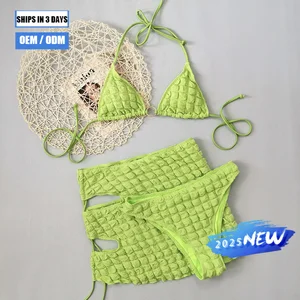 Passusi 2026 Custom Three-piece Custom Micro Swimsuit Women's Suspender String Bikini Set Backless V-neck Swimsuit Beachwear