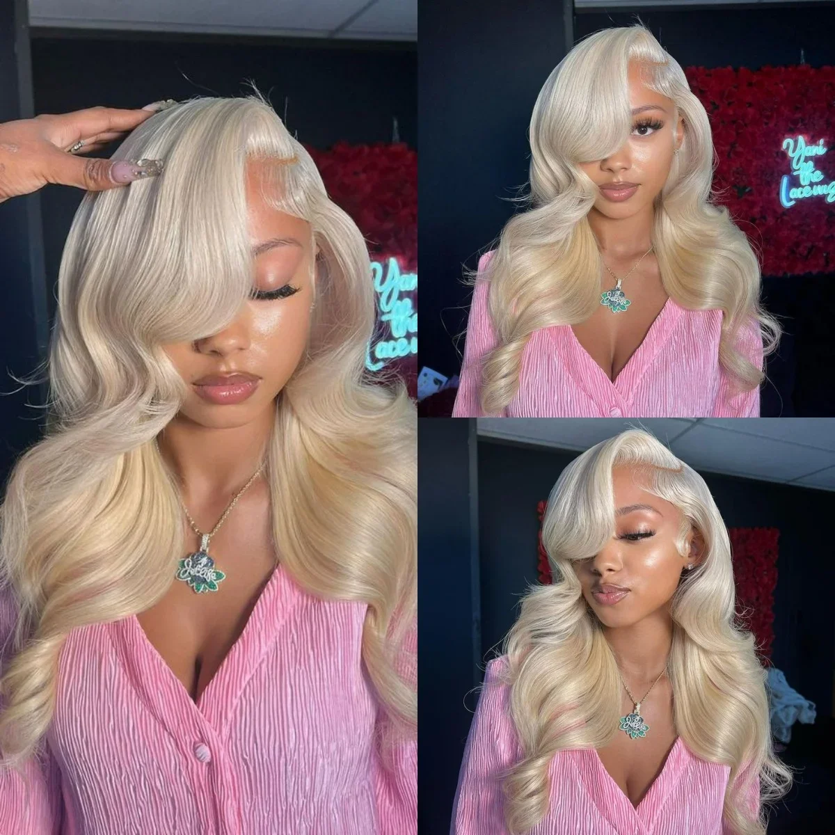 613 Loira Onda Corporal Peruca de Cabelo Humano Pré-cortado Fechamento de Renda Frontal Sem Cola 150% Densidade_voghion.com
