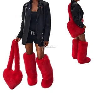 BUSY GIRL HS9271 Custom logo Labels for Women Boots Fur Boots and Bag Women's Red Faux Fur Boots Heart Shaped Bag Winter 2026
