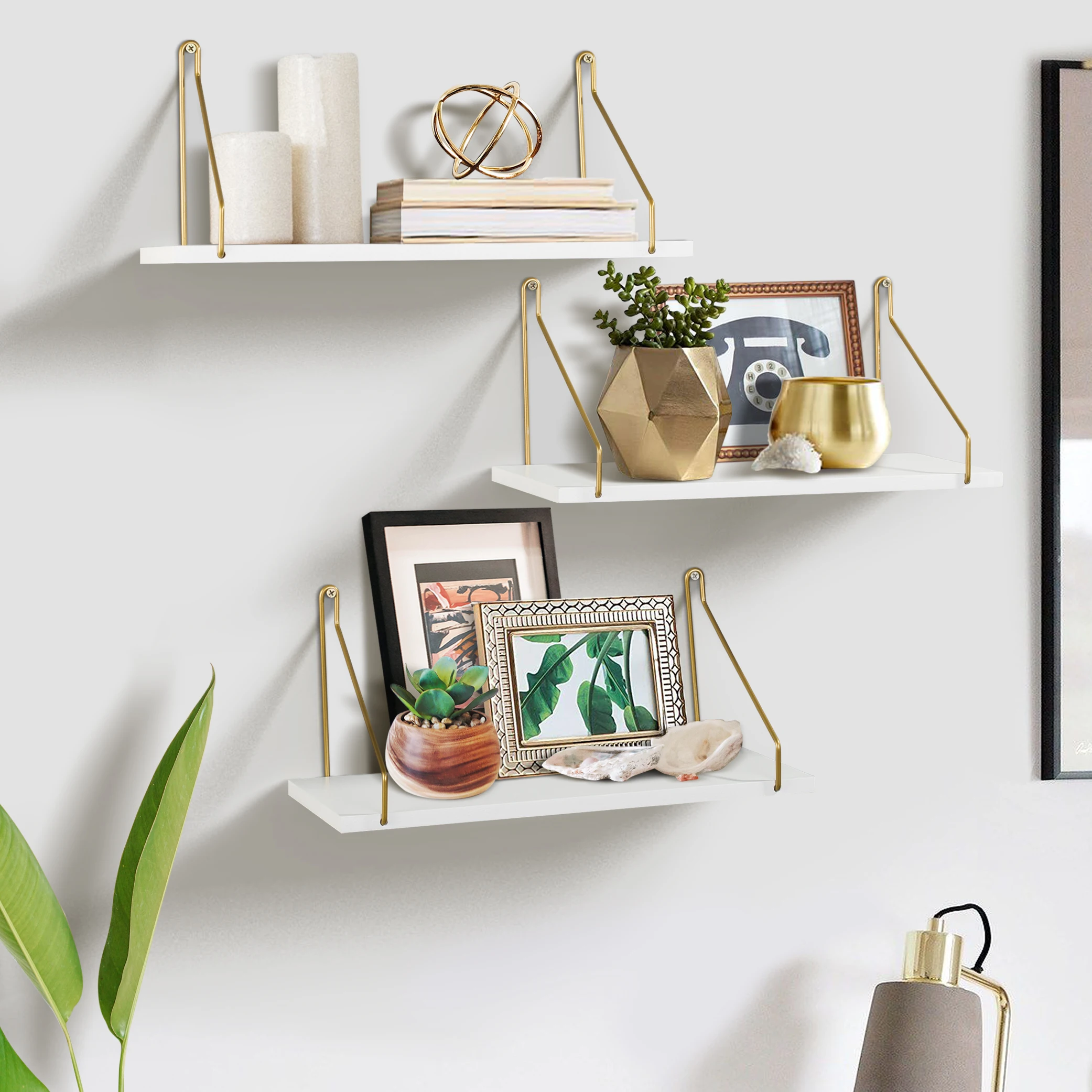 Unique Rustic Modern Floating Hanging Wooden Wall Shelf Storage 3 Shelves Set Decor Wall Mounted With Hanging