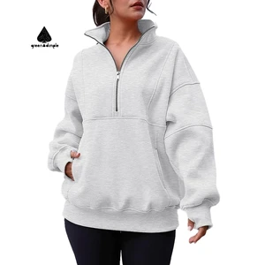 Custom Women Fall Heavyweight Pullover Autumn Winter Warm Fleece Cotton Half Zip Blank Crewneck Jogger Sweatshirt