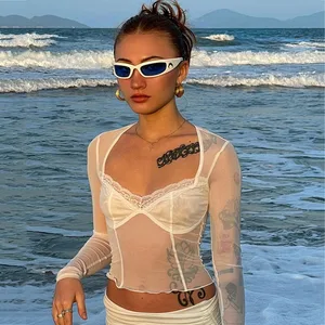 2025 Summer Blouse See Through Mesh Women Corset Tops Slim Elegant Sexy Shirt