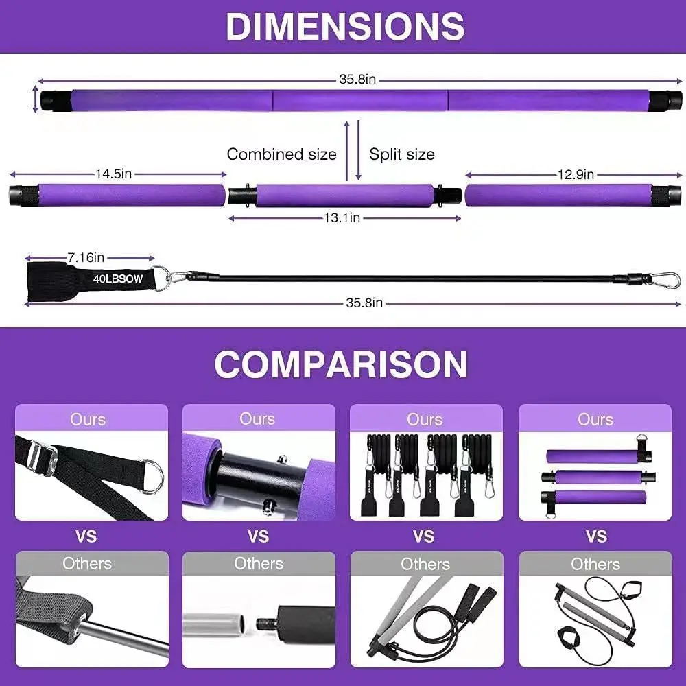 odm resistance bands set with workout bar pilates bar kit exercise elastic band with handles and door anchor for whole body training-2