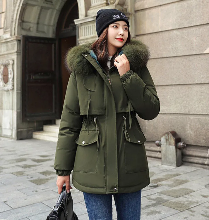 JellyLe Damen Steppjacke Mit Pelzkragen - Winter Parka Mit Kapuze Baumwolle