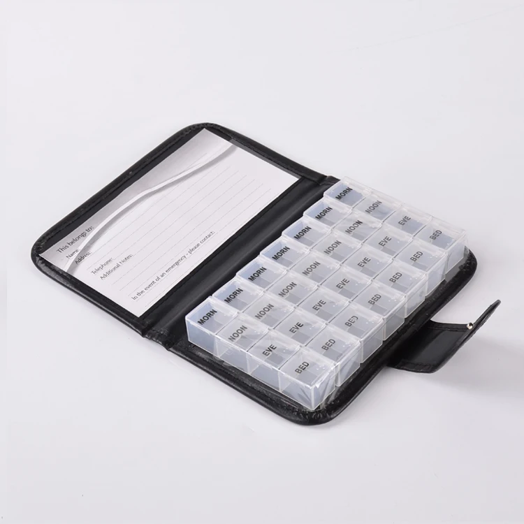 28 Compartments Weekly Monthly Am Pm Medicine Storage Manufacturer Directly Sale rainbow 7 Colors Pill Box with PU Bag Notebook