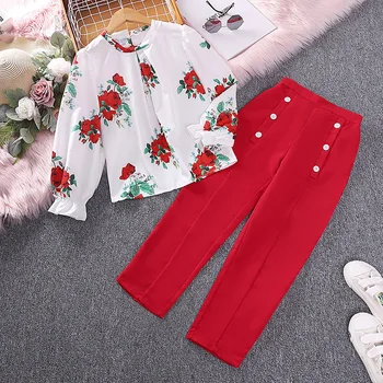 2PCS Girls Print O-Neck Shirt and Loose Pants Spring and Autumn Kids Sweet Long Sleeves Tops and Trousers Suit