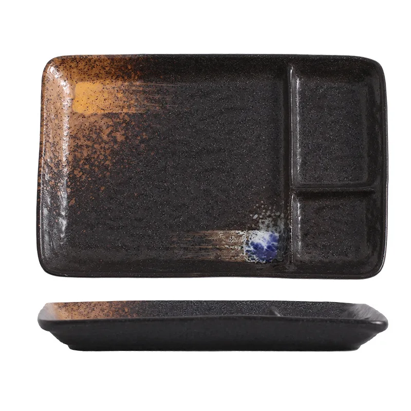 Rectangular 3 Compartment Divided Melamine Sushi Plate with Sauce Dipping for Japanese Restaurant