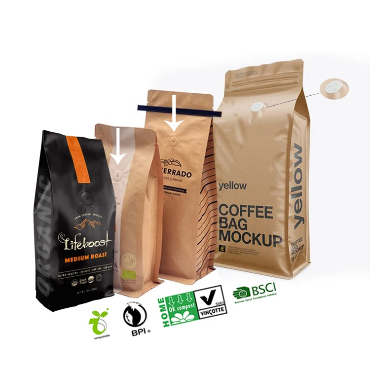 Biodegradable Compostable Eco Food Grade Packaging Custom Printing Side Gusset Valve Kraft Paper Tin Tie Coffee Bag With Valve