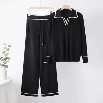 Wholesale Knitting Casual Design 2 Piece Sweater Set Solid Casual Knitwear Turn-down Collar Women's Sets Winter Long