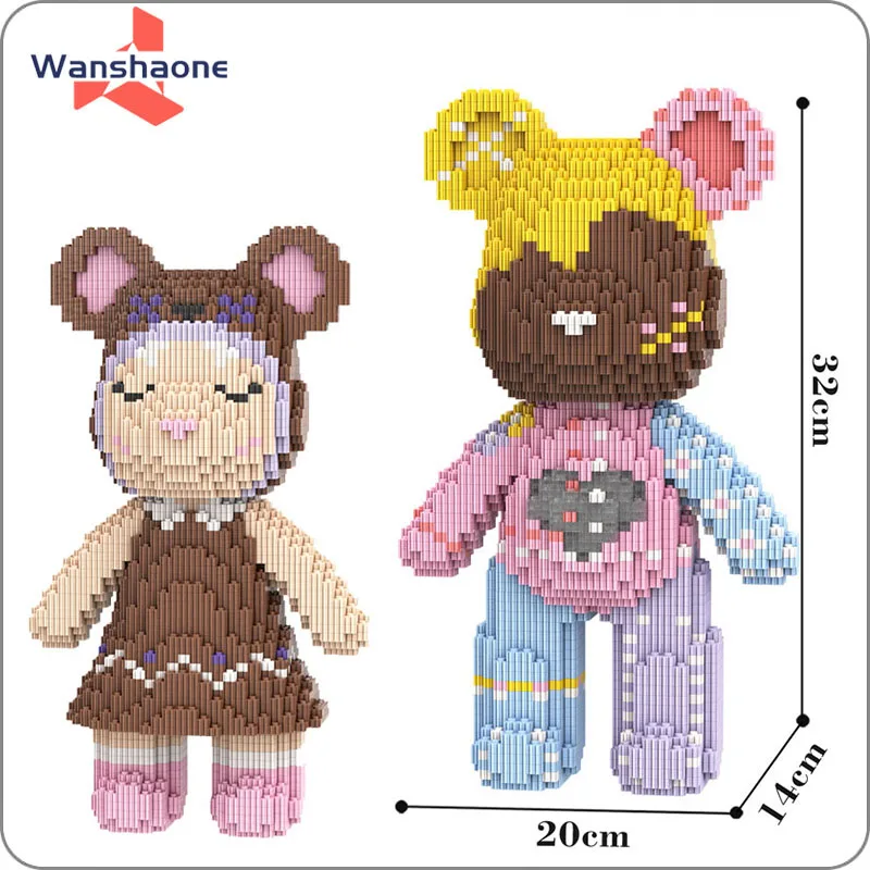 32CM 3D Model Assembled Color Stitching Mini Bear Brick Brick Figure Toys Connection Number Bearbrick Micro Building Blocks Toy