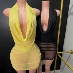 Viviblook D25DS254 Women Outfit Street Fashion Sexy Sexy Mesh Halter Swinging Collar Backless Pleated Mini Dress