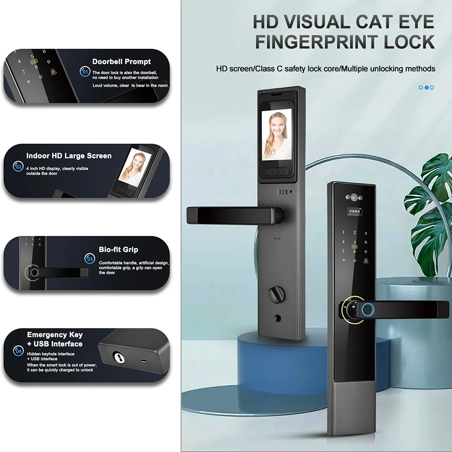 Tuya App Camera Gate Lock Wifi Electronic Remote Control Digital and Fingerprint Smart Door Handle Locks with Camera Cat Eye