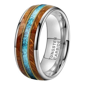 Coolstyle Jewelry 8mm Whisky Wood Guitar String Turquoise Inlay Tungsten Ring for Men Women Fashion Engagement Wedding Band