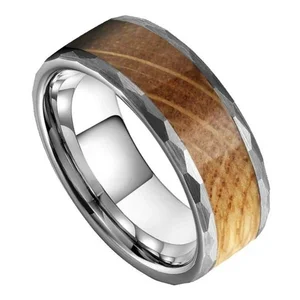 8mm Titanium Sleeve Tungsten Carbide Ring with Whiskey Barrel Wood Inlay Hammered Bevelled Edges Men Wedding Bands