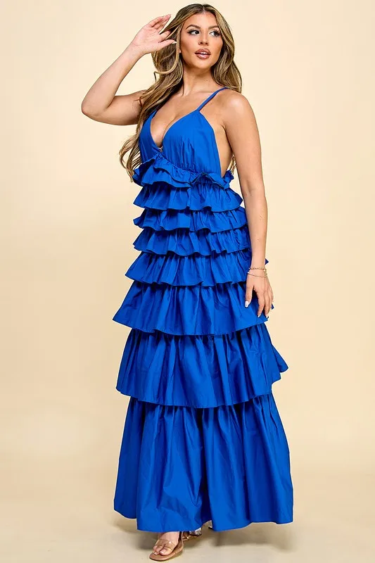 Dresses Women Lady Elegant With V-neck And Tiered Ruffles Sleeveless For Galas - Blue Dress - Image 3