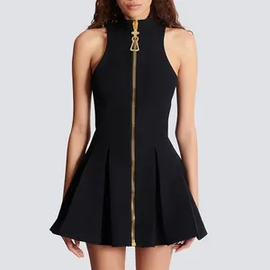 Sexy Mini A-line Dress Women Gown Elegant Black Sleeveless Zipper Ruched Slim Club Party Evening Dress