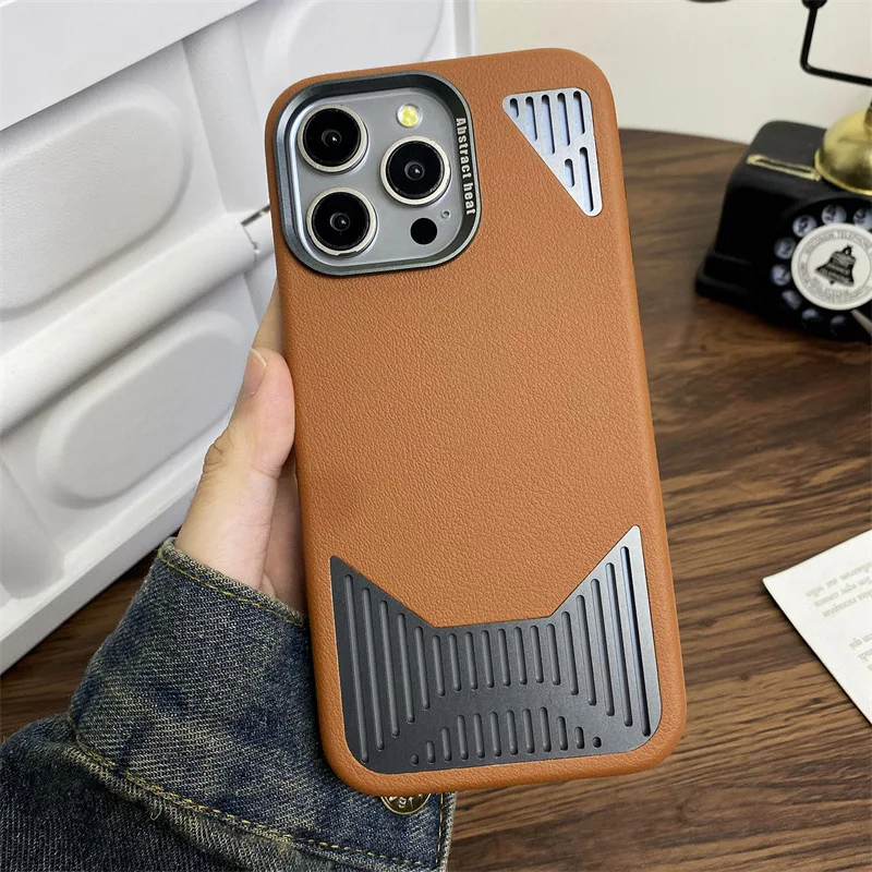 Case for iPhone 16 15 14 Pro Max 2024  leather pattern aluminum alloy heat dissipation high-end business Hollow protection case