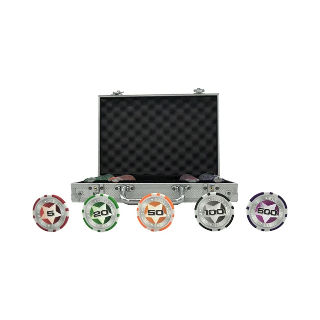 200 Pieces Star Design Clay Poker Chips Set With Aluminium Sliver Case,Dealer Dice,Playing Cards
