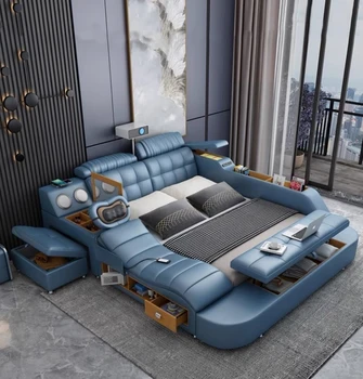Latest Modern Simple Leather king Multifunctional Bed 1.8m Double Bed Frame Bedroom Smart Massage Functional Bed