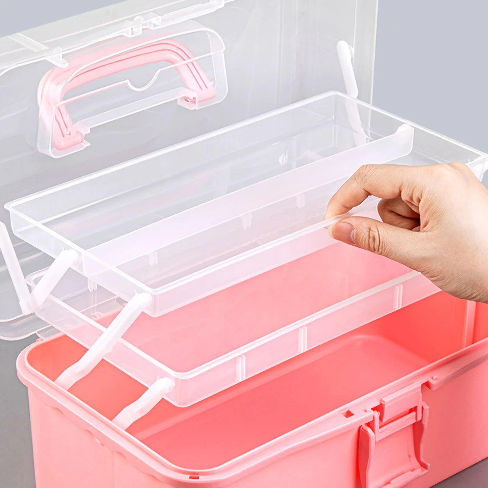 11'' Clear Plastic Craft Storage Box, Sewing Box Organizer 3-Layers with Removable Tray, Art Storage Box with Handle