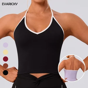 Evaricky High Quality Yoga Fitness Clothes Comfortable Sleeveless V Neck Sports Top Backless Gym Active Wear Halter Tank Top