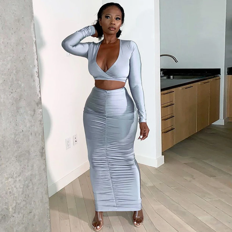 Long Sleeve Crop Top Long Skirt Set 