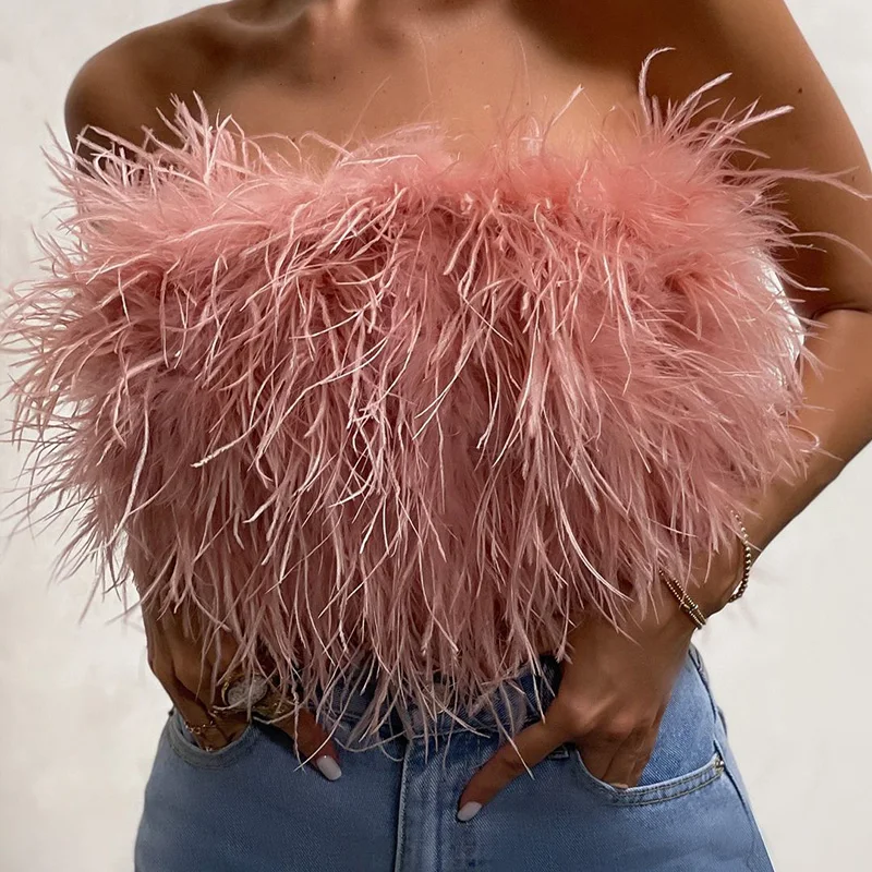 Jancoco Feather Fur Tank Tops Strapless Sleeveless Wraps Feather Tube Tops  Women Black Ostrich Feather Crop Top