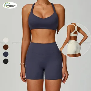 Eco-Friendly Recycled Two Piece Running Gym Set Yoga Outfit Sleeveless Sports Bra Shorts Solid Quick Dry Breathable Waist