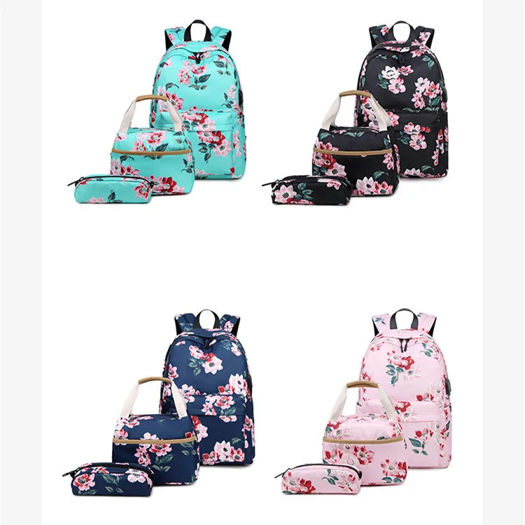 Personalised School Bags with Lunch Box Black Flower Backpack Bulk Character Satchel